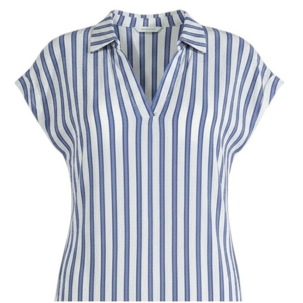 S H&M rayon lightweight shout sleeve‎ pullover white blue vertical stripe blouse